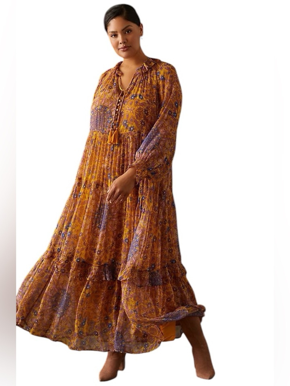 Anthropologie Mustard & Purple Floral Tiered Maxi Dress